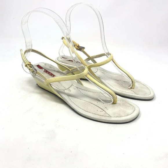 Prada Sport Thong Wedge Sandals in Yellow Leather Size US 6.5 *damaged - Picture 4 of 12